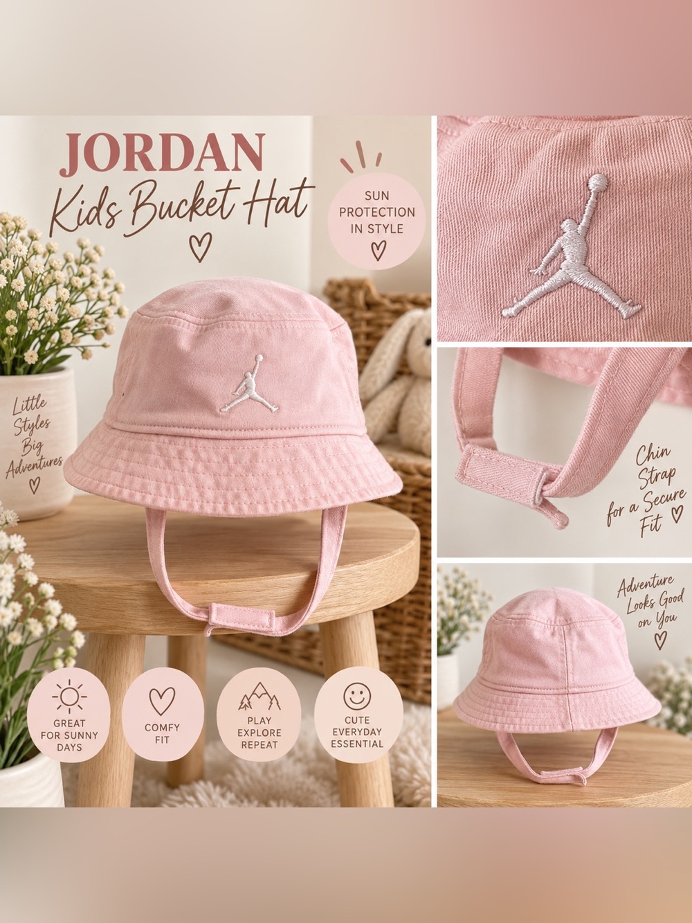 Jordan Kids Light Pink Bucket Hat with Chin Strap Embroidered Logo
